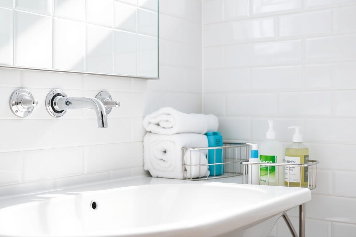 Spotless white bathroom with polished chrome taps