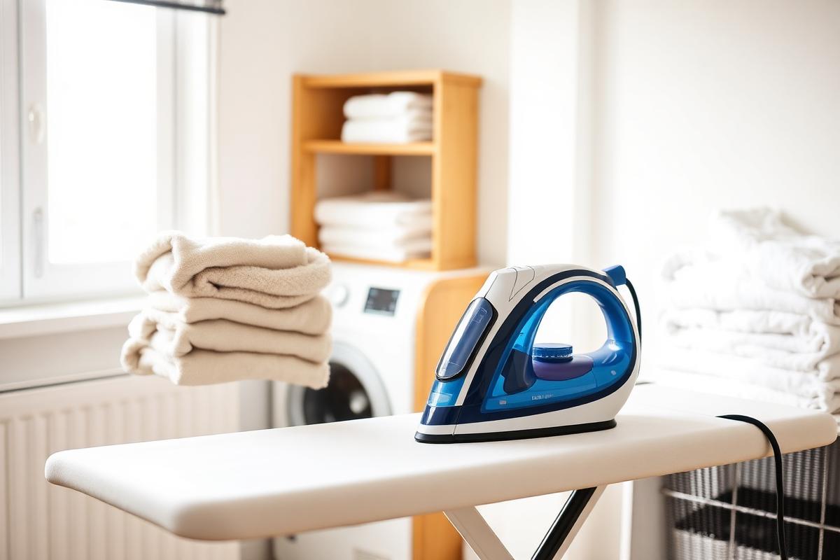 Steam iron and folded laundry on an ironing board