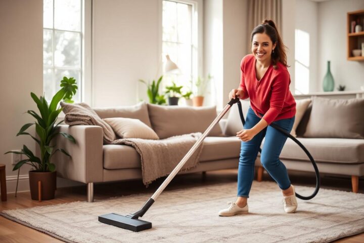 Cleaner vacuuming a bright living room carpet