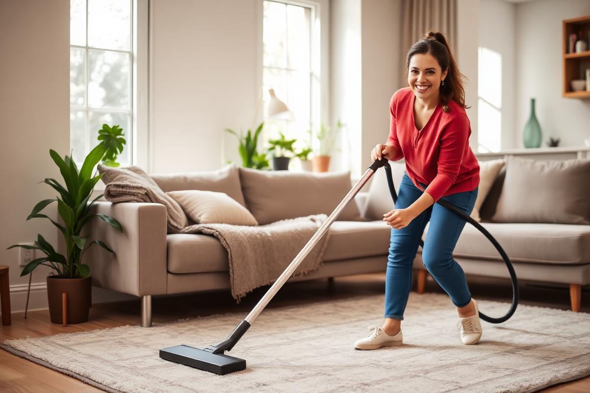 Cleaner vacuuming a bright living room carpet